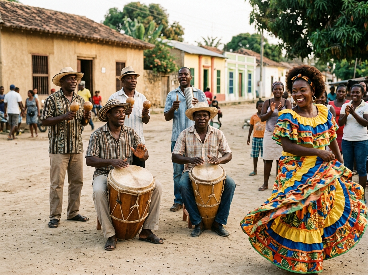 Músicos palenqueros tocando tambores con bailadora tradicional