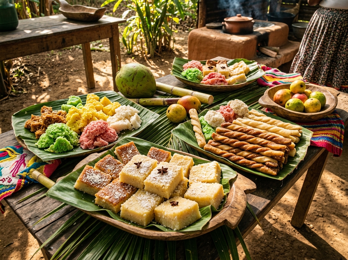 Dulces típicos de Palenque como cocadas de colores, enyucados y frutas