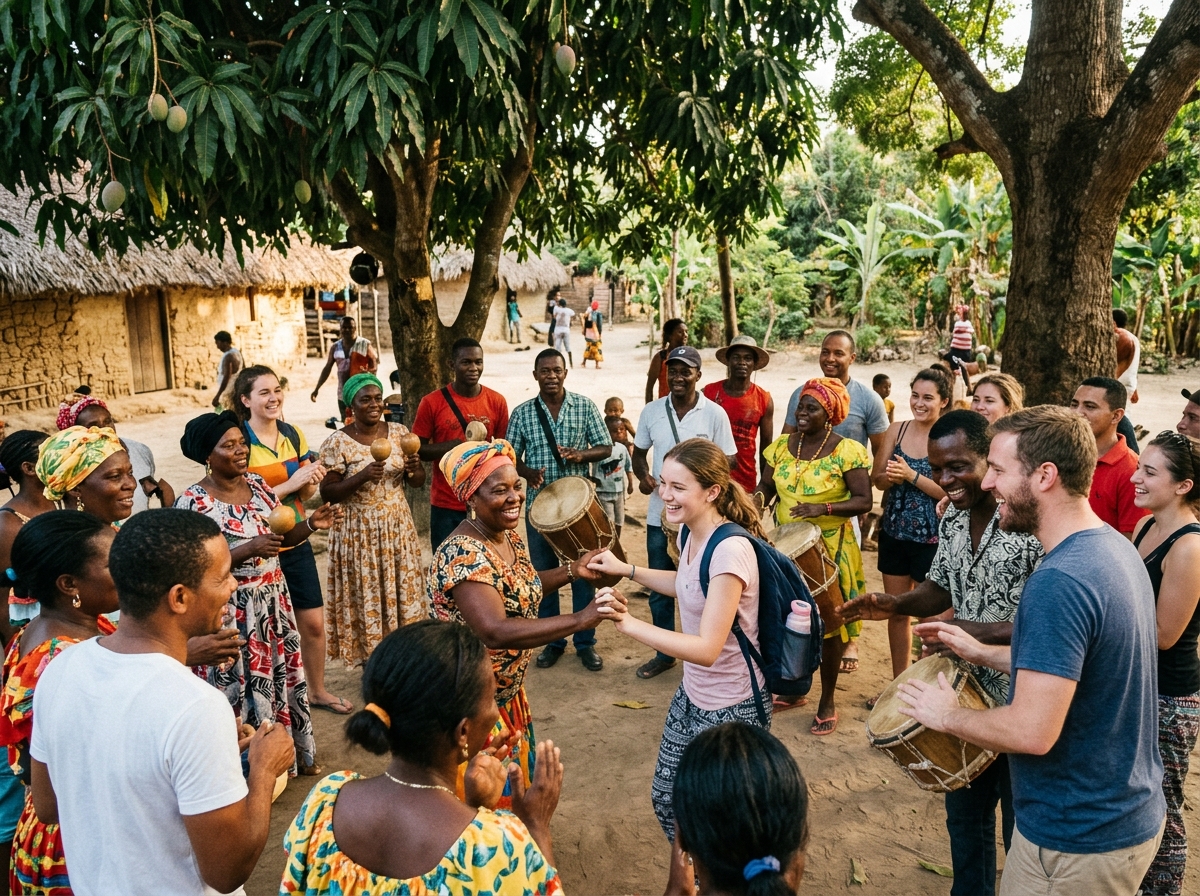 Comunidad palenquera y turistas bailando tomados de la mano en un círculo festivo