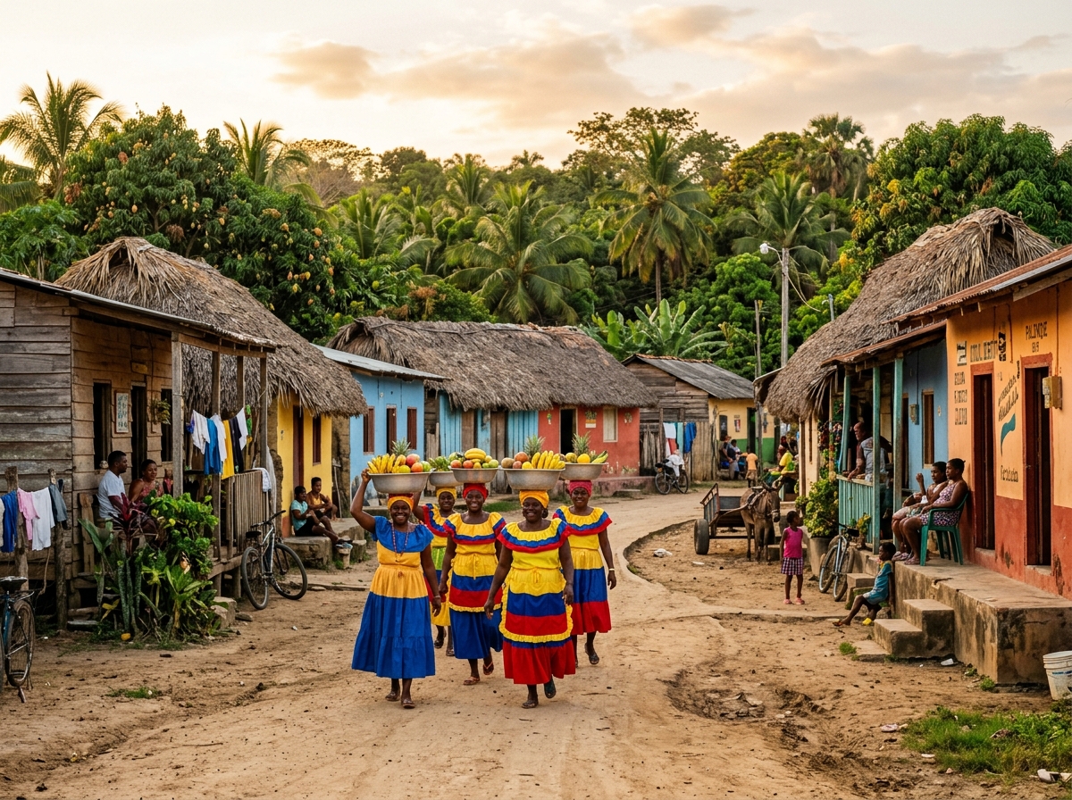 Calles tradicionales de San Basilio de Palenque con palenqueras