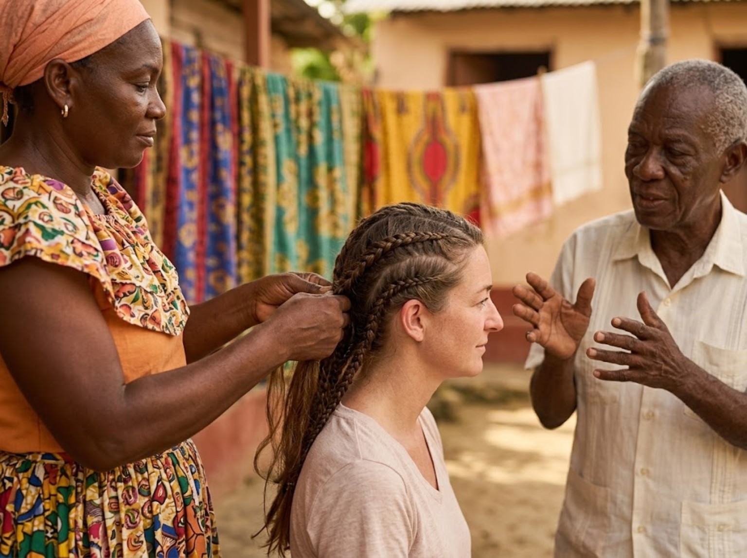 Mujeres palenqueras trenzando el cabello a una visitante